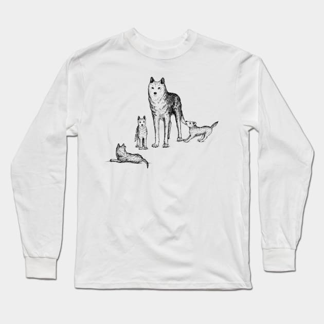 Mother Wolf with Pups Long Sleeve T-Shirt by illucalliart